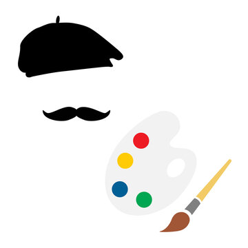 Vector illustration of painter in painter hat with mustache and holding paint palette and paintbrush.