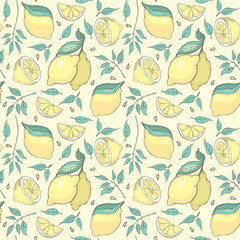 Fresh lemons background, hand drawn icons. Doodle wallpaper vector. Colorful seamless pattern with fresh fruits collection.