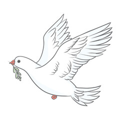 Dove of peace purity design. Pigeon with green olive branch on white background. Logo, symbol of love and messengers. Flat vector Beautiful graphic isolated element. Flying cartoon bird drawing.