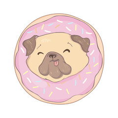 Puppy Pug with a pink donut. Humor poster, t-shirt composition