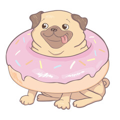 Puppy Pug with a pink donut. Humor poster, t-shirt composition