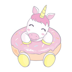 Obraz na płótnie Canvas Cute Unicorn vector on cupcake donut muffin and tea time sweet dessert pastel color, Kawaii illustrations isolated on white. Kid food bakery product fabulous fashion child d?cor cafe shop, Invitation.