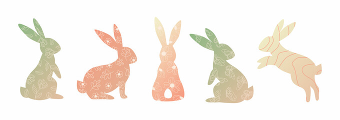 Happy Easter bunny. Spring vibes. Cute easter bunny, flowers and leaves. Vector flat cartoon illustration. Trendy design for social media, poster, print, card, invitation, greeting, tag