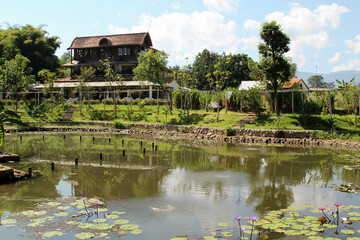 Obraz premium The pond in front of the hotel building.