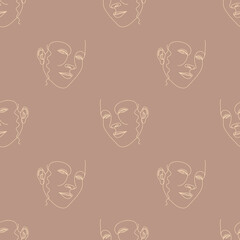 Seamless pattern with one single line drawings of female face. Beige line on brown earthy background.