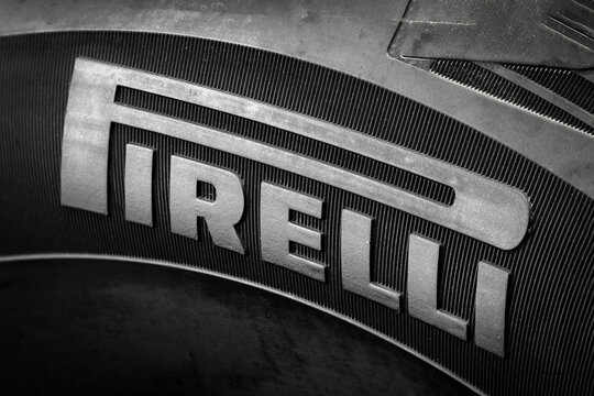 Krasnoyarsk russia , 2022 April 2: Pirelli logo close-up on the sidewall of the tire black