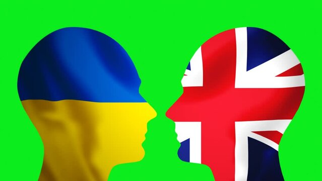 Policy or geographic concept. Britain and Ukraine, representing countries in any relations. National flags waving, inside human silhouettes. Animated elements on green screen