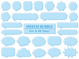線とずらし塗りのシンプルな吹き出し25個セットのイラスト（水色）