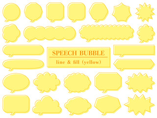 線とずらし塗りのシンプルな吹き出し25個セットのイラスト（黄色）