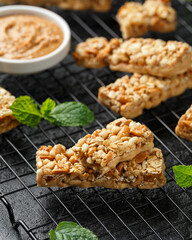 Roasted Peanuts butter Cereal Bars with nuts, oat and honey. Healthy Protein snack