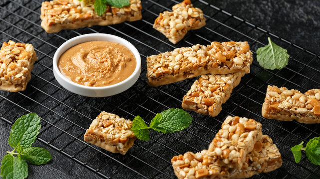 Roasted Peanuts butter Cereal Bars with nuts, oat and honey. Healthy Protein snack