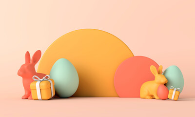 Happy easter background with easter bunny eggs and gifts. 3D Rendering