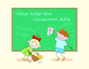 Schoolchildren help clean the classroom and tidy up the blackboard