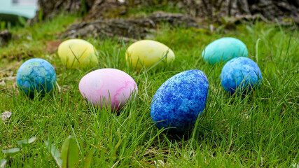 Multicolored Easter eggs ready for egg hunt