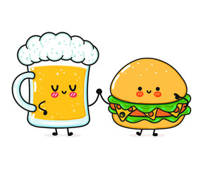 Cute, funny happy hamburger and beer. Vector hand drawn cartoon kawaii characters, illustration icon. Funny cartoon hamburger and beer mascot character concept