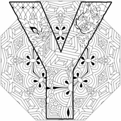 Letter Y monogram, engraving design on mandala for coloring. Vector illustration.