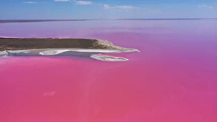 Foto op Plexiglas Luchtfoto van wit zout aan de oevers van het eiland in Pink Island en blauwe lucht. Lake Lemurië, Oekraïne. Het meer wordt van nature roze door zouten en kleine schaaldieren Artemia in het water © Andriy Medvediuk