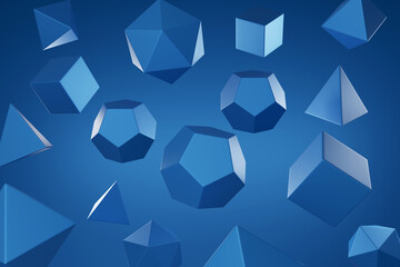 Blue regular polyhedra abstract background. 3d illustration. - obrazy, fototapety, plakaty