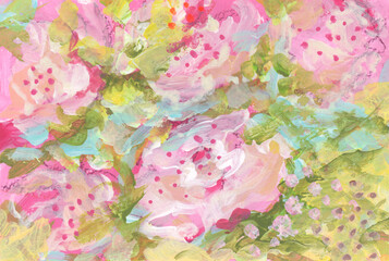Rose flower bouquet.  Art Watercolor and Acrylic smear brushstroke blots. Abstract texture color stain background.
