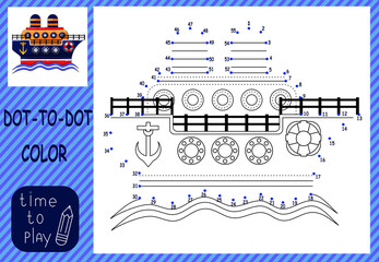 Fototapeta premium children's educational game. coloring. connect the dots by numbers. ship at sea.