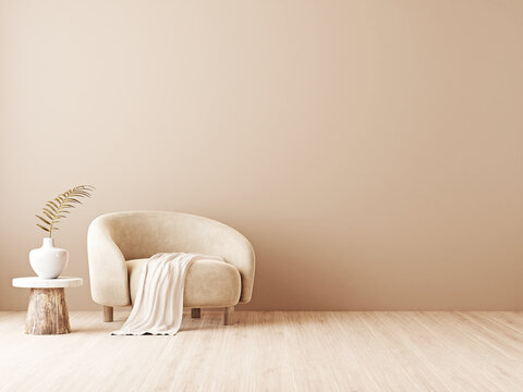 Warm neutral interior wall mockup in soft minimalist living room with rounded beige armchair, wooden side table and palm leaf in vase. Illustration, 3d rendering.