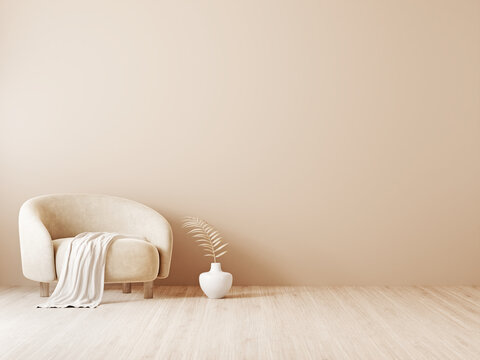 Simple warm neutral interior wall mockup in soft minimalist living room with rounded beige armchair, textile throw and palm leaf in vase. Illustration, 3d rendering.