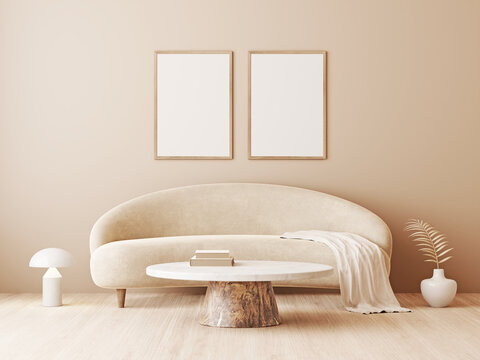 Poster art mockup with two vertical frames in trendy minimalist living room interior with rounded sofa and warm neutral decoration. Illustration, 3d rendering