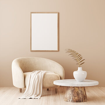 Vertical wooden frame mockup in trendy minimalist living room interior with rounded beige armchair and warm neutral background. Illustration, 3d rendering