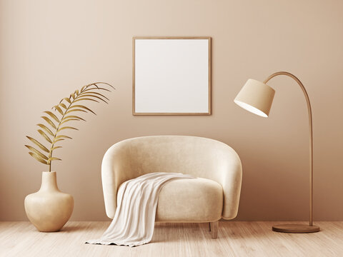Square wooden frame mockup in trendy minimalist living room interior with rounded beige armchair, large palm leaf in vase and warm neutral background. Illustration, 3d rendering