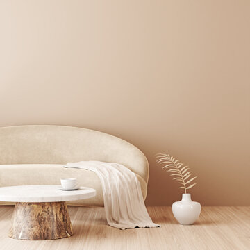 Living room interior wall mockup in warm beige neutrals with curved low sofa, dried palm leaf in vase and natural materials. Illustration, 3d rendering.