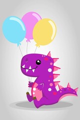 Happy purple dinosaur with balloons, vector illustration