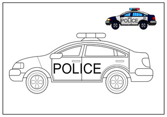 children's educational game. police car coloring page. with a mini sample.