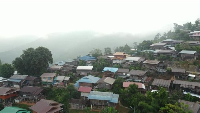 Beautiful aerial view of Doi Sakat in sunny day. Small village in Pua District, Nan province, THAILAND.