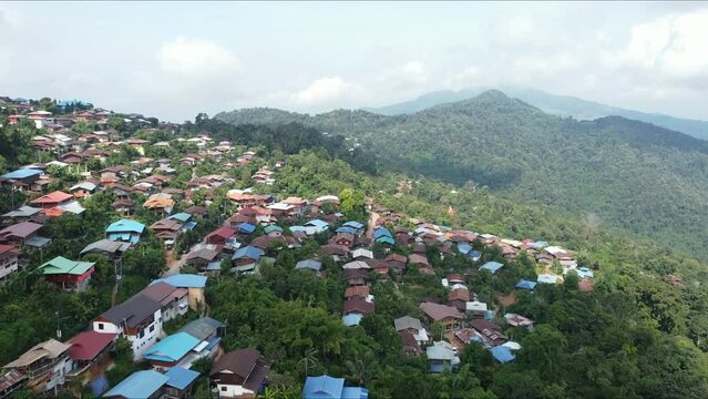 Beautiful aerial view of Doi Sakat in sunny day. Small village in Pua District, Nan province, THAILAND.