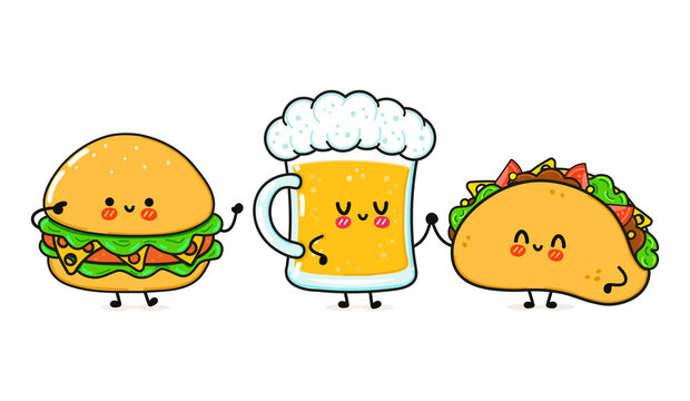 Cute, funny happy glass of beer, taco and hamburger . Vector hand drawn cartoon kawaii characters, illustration icon. Funny cartoon glass of beer taco and hamburger mascot friends concept