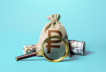 Russian ruble money bag and magnifying glass. Anti money laundering, tax evasion. Deposit or loan terms and conditions. Find investment funds for business project. Investigating capital origins.