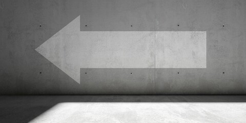 Concrete wall outside with arrow from right to left, direction, challenge or decision business concept