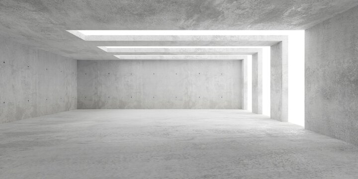 Abstract empty, modern concrete room with large openings on the right wall and sun light with rough floor - industrial interior background template