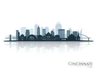 Cincinnati skyline silhouette with reflection. Landscape Cincinnati, Ohio. Vector illustration.