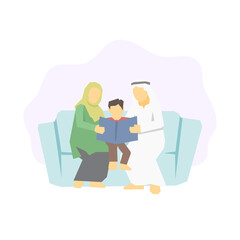 Fototapeta na wymiar Muslim family reading a book together simple flat vector character illustration.