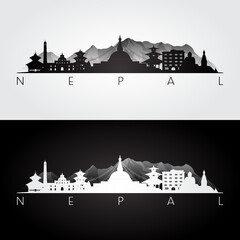 Nepal skyline and landmarks silhouette, black and white design, vector illustration.