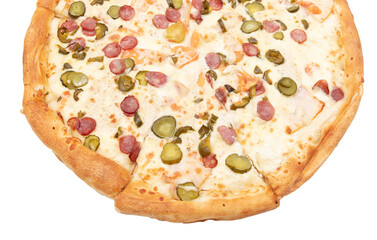 Pizza with sausage and cucumbers on a white background. Close-up