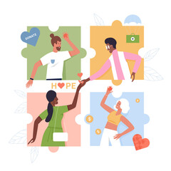 Volunteers inside puzzle jigsaw of charity organization. People give gift of kindness, hope and love, protection of health flat vector illustration. Philanthropy, solidarity, cooperation concept