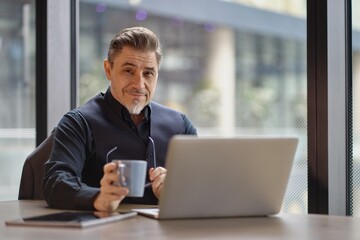 Business portrait - businessman using laptop computer in office. Happy middle aged man, entrepreneur working online.