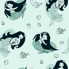 Seamless pattern with mythical women. Cute mermaid with fish and shells on light emerald background. Vector illustration of linear doodles style for thematic design and decor, packaging and wallpaper