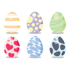 Collection of Six multicolored Easter eggs decorated with stripes, dots, lines, hearts, and patterns on white background. Happy Easter. Easter eggs EPS 10 vector illustration.