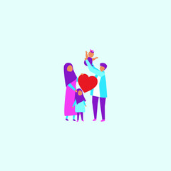 Vector illustration of simple flat design of a muslim family. Father, mother, daughter and baby. Suitable for posters, social media posts, family campaign. Happy International day of Families concept