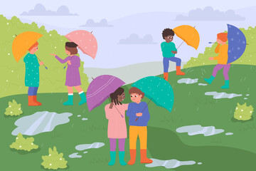 Happy children with umbrellas, coats and rubber boots walk under rain in city park or green garden vector illustration. Cartoon girls and boys enjoy rainy day background. Weather, childhood concept