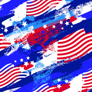 Abstract American Grunge seamless pattern. Endless america flag print with stars and shabby textured background, lines, brush track. 4th July repeated ornament. USA repeat print for wrapping paper