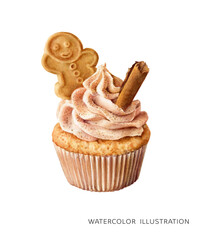Vanilla cupcakes with cream cheese, christmas gingerbread man, cinnamon stick and sprinkled with cinnamon and sugar watercolor illustration isolated on white background.